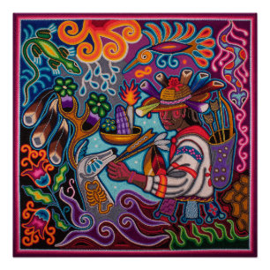 Mexican poster huichol - Cazador and deer