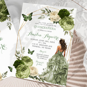 Mexican Princess Butterfly sage green Quinceañera Invitation