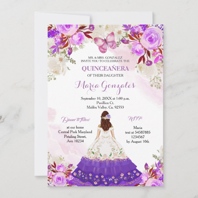 Mexican Princess Purple Quinceanera Butterfly  Invitation (Front)