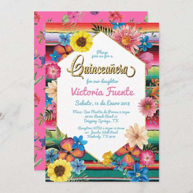 Mexican Quinceanera Party Gold Glitter Floral Invitation (Front/Back)