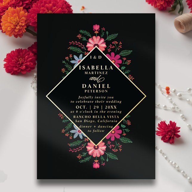 Mexican Rancho Modern Elegant Floral Gold Wedding (rancho mexican wedding invitation fiesta hacienda watercolor floral frame elegant modern gold foil)