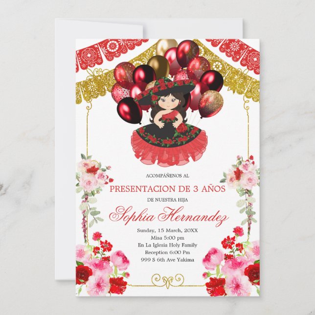 Mexican Red and Gold Girl Charra Balloon Tres Anos Invitation (Front)