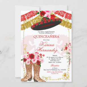 Mexican Red and Gold Girl Mis Quince Invitation