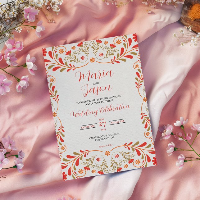 Mexican Red Orange Gold Floral Elegant Wedding Invitation (Mexican Red Orange Gold Floral Elegant Wedding Invitation)