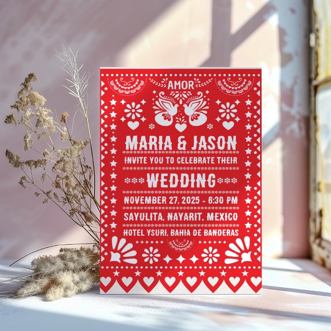 Mexican Red Papel Picado Fiesta Folk Art Wedding Invitation (Mexican Red Papel Picado Fiesta Folk Art Wedding Invitation)