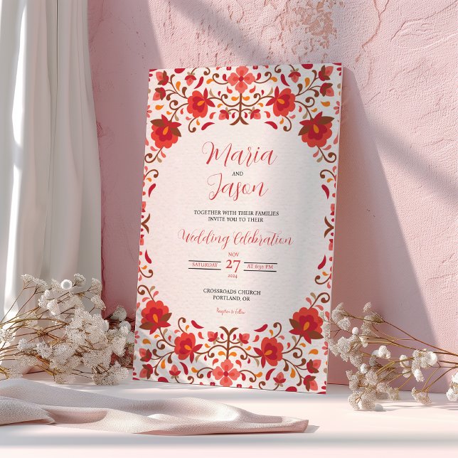 Mexican Red Pink Floral Aesthetic Romantic Wedding Invitation (Mexican Red Pink Floral Aesthetic Romantic Wedding Invitation)