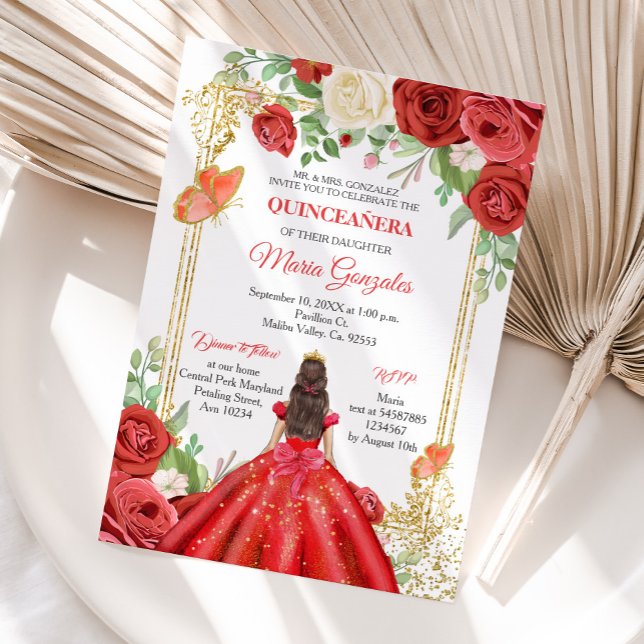 Mexican Red Roses Princess Quinceanera Butterfly  Invitation (Creator Uploaded)