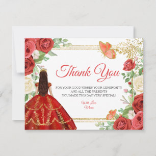 Mexican Red Roses Princess Quinceanera Butterfly Thank You Card