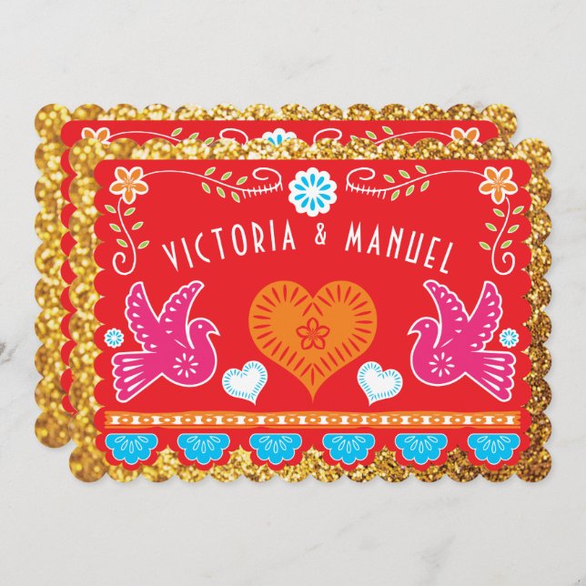 Mexican Rehearsal Dinner Papel Picado Gold Glitter Invitation (Front/Back)