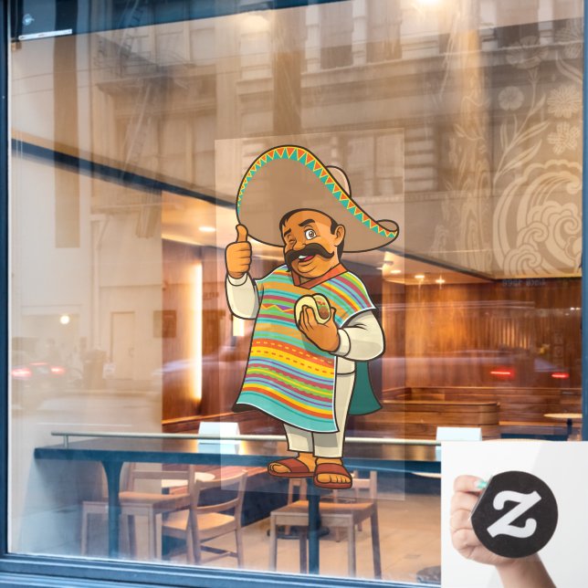 Mexican Restaurant Man With Taco Thumbs Up (Cafe Window)