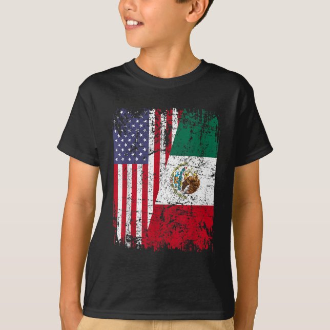 MEXICAN ROOTS Half American Flag MEXICO T-Shirt (Front)