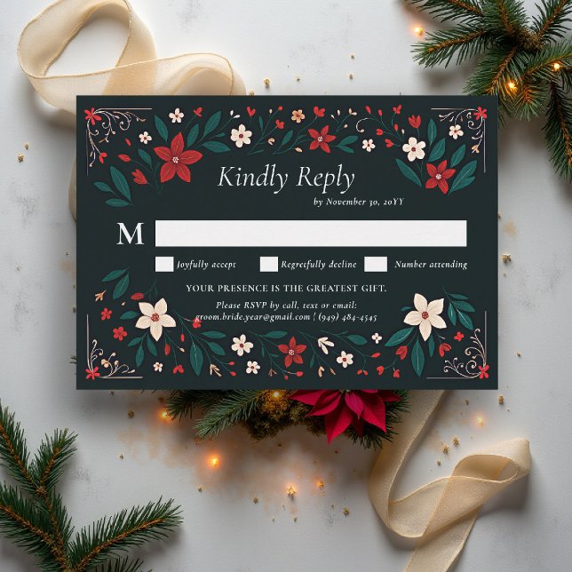 Mexican Rustic Elegant Christmas Red Wedding RSVP (mexican wedding rsvp reply christmas theme floral botanical frame poinsettias red white black)