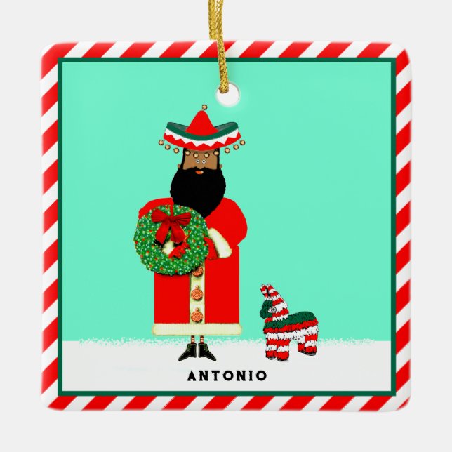 Mexican Santa Feliz Navidad Ceramic Ornament (Front)