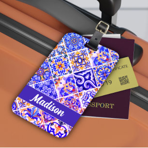 Mexican Sicilian Mediterranean purple blue tiles Luggage Tag