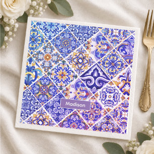 Mexican Sicilian Mediterranean purple blue tiles Napkin