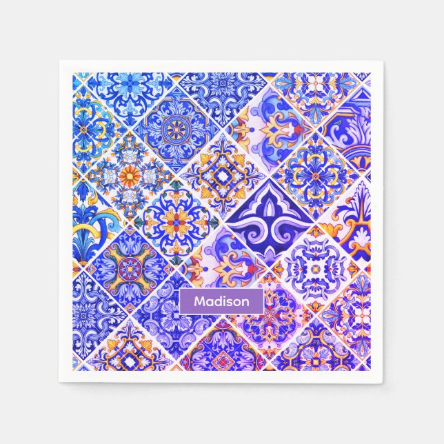 Mexican Sicilian Mediterranean purple blue tiles Napkin (Front)