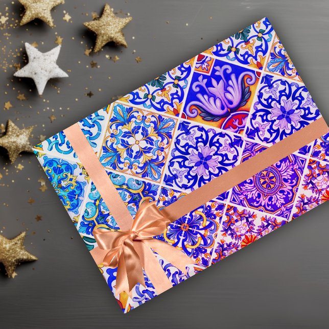Mexican Sicilian Mediterranean purple blue tiles Wrapping Paper (Creator Uploaded)