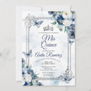 Mexican Silver Crown & Navy Blue Roses MIS QUINCE Invitation