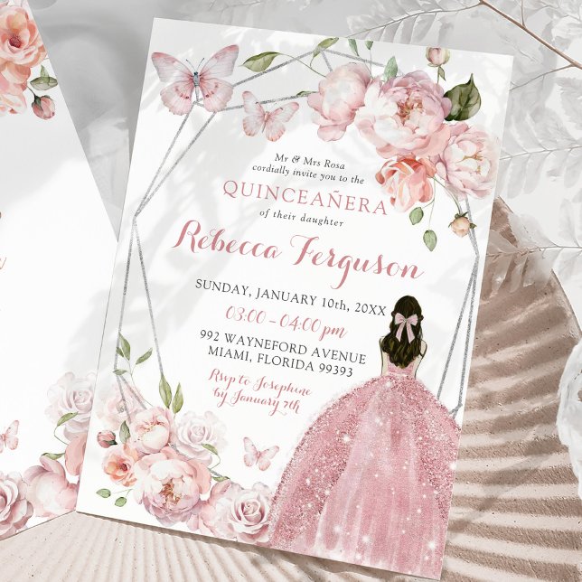 Mexican Silver Pink Floral Princess Quinceañera Invitation (Creator Uploaded)