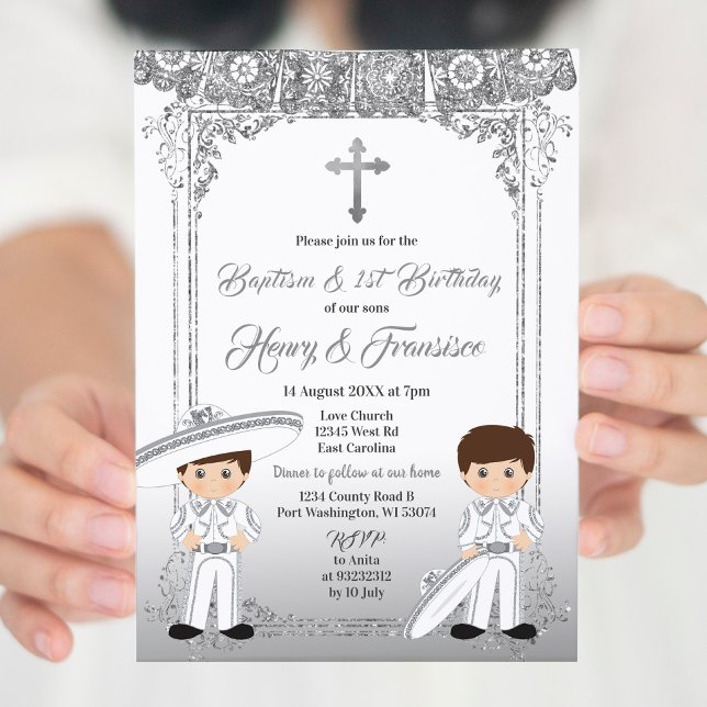 Mexican Silver Twin Boy Baptism and Birthday Invitation (Creator Uploaded)