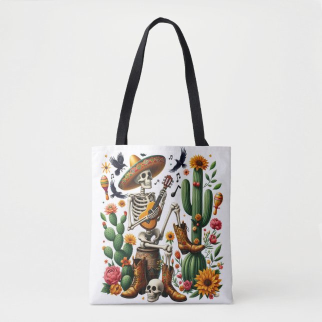 Mexican skeleton playing guitar among cacti tote bag (Front)