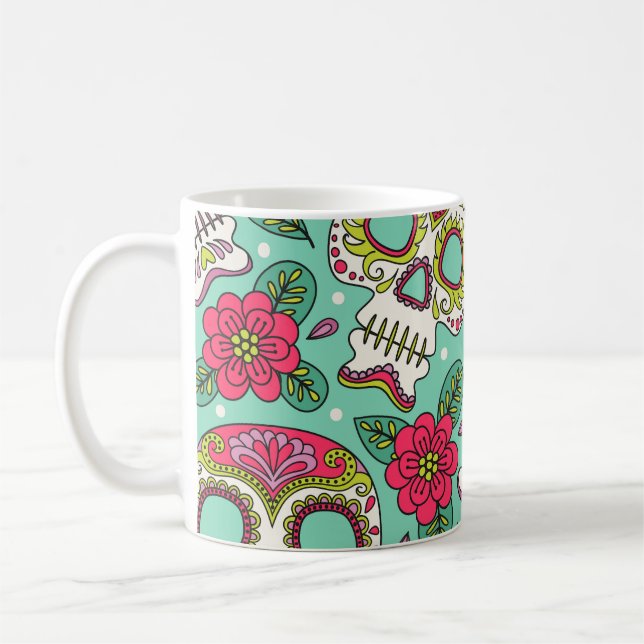 Mexican skull and flowers, seamless. coffee mug (Left)