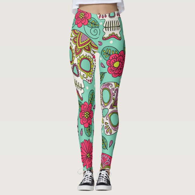Mexican skull and flowers, seamless. leggings (Front)