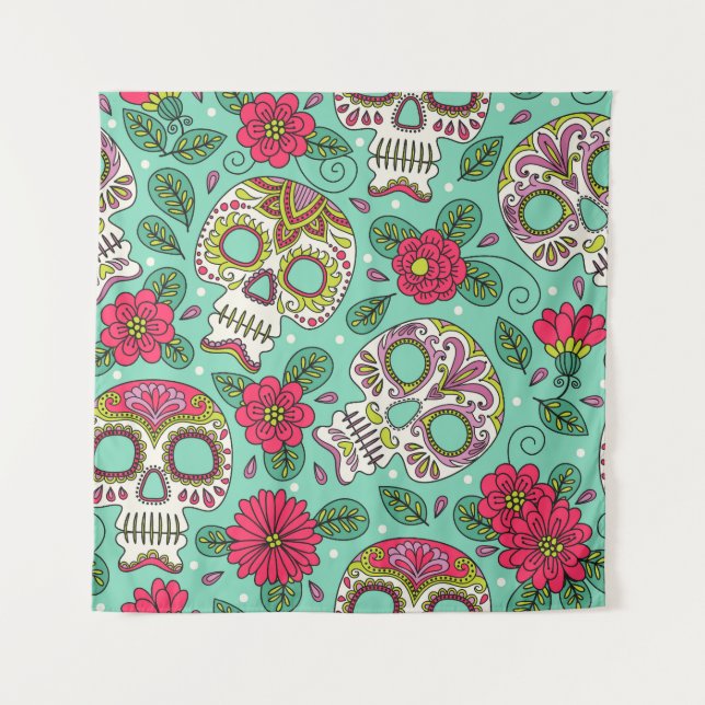 Mexican skull and flowers, seamless. tapestry (Front)