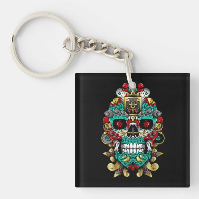 mexican skull art in huichol mood key ring (Front)