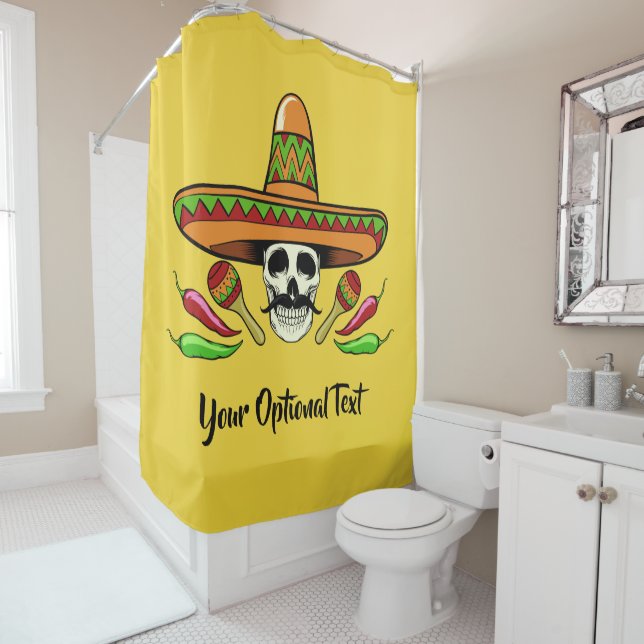 Mexican Skull custom text & colour shower curtain (In Situ)