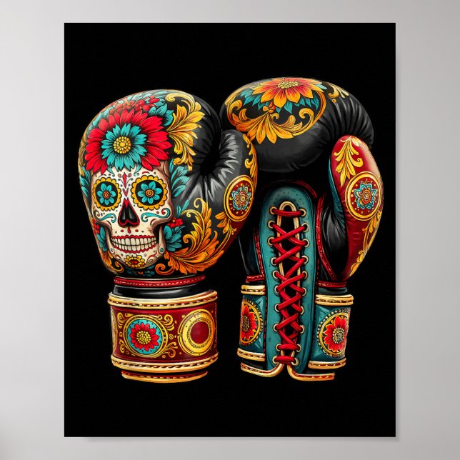 Mexican Skull Sugar Boxing Gloves Aztec Mayan Poster (Front)