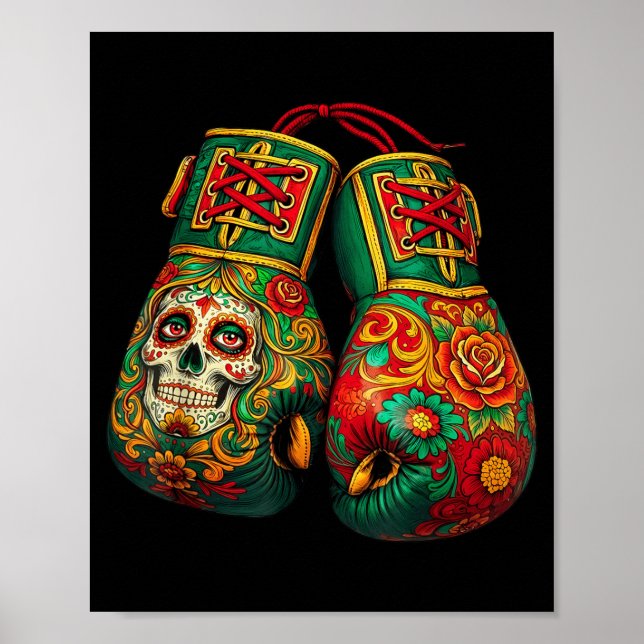 Mexican Skull Sugar Boxing Gloves Aztec Mayan Poster (Front)