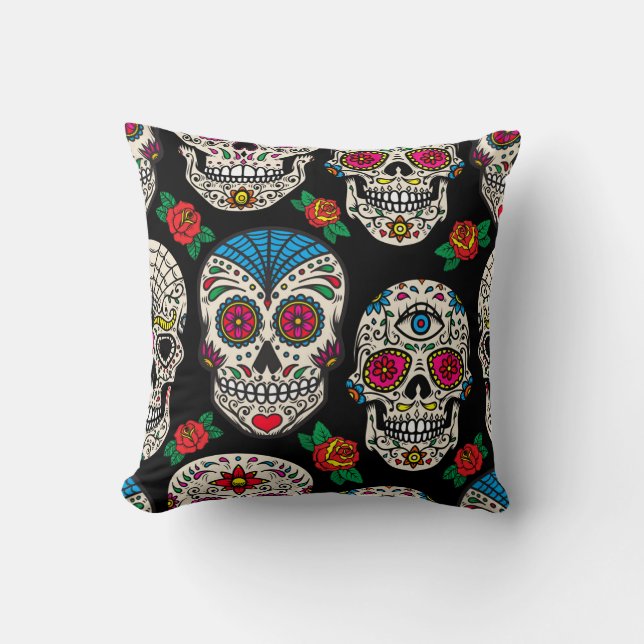 Mexican Skulls & Roses: Vintage Design Cushion (Front)