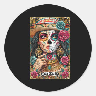 Mexican Sombrero Skull Skeleton Women Cinco De May Classic Round Sticker