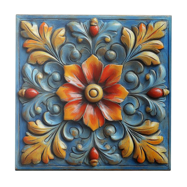 Mexican Spanish Floral Orange and Blue Tile (Front)