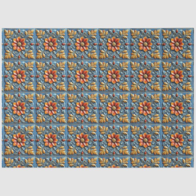 Mexican Spanish Floral Orange Blue Tile Pattern Tissue Paper (Front)