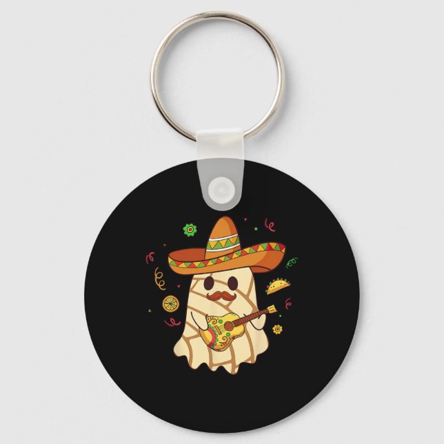 Mexican Spooky Ghost Play Guitar Conchas Pan Dulce Key Ring (Front)