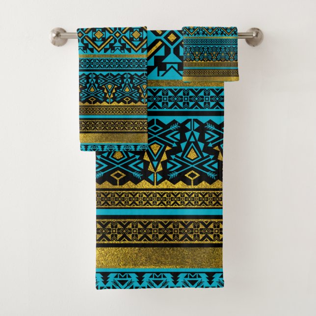 Mexican Style pattern - black, teal and gold Bath Towel Set (Insitu)