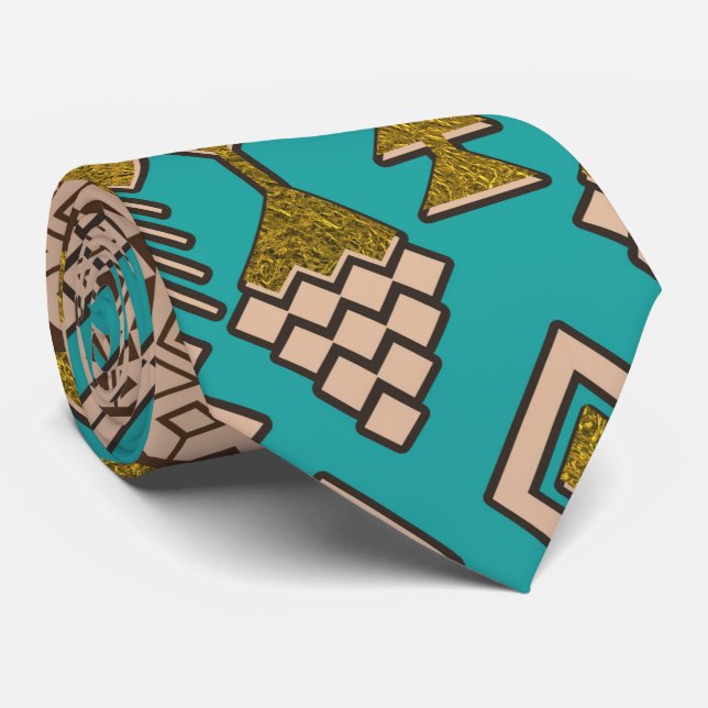 Mexican Style pattern - teal, gold and earthy colo Tie (Rolled)