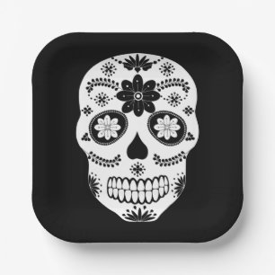 Mexican Sugar Skull 2 Black And White Paper Plates