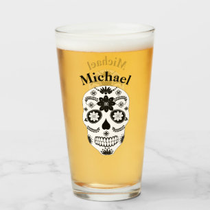Mexican Sugar Skull Black And White 2 With Name  Glass