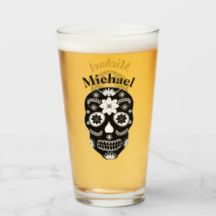 Mexican Sugar Skull Black And White 2 With Name    Glass