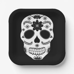 Mexican Sugar Skull Black And White Paper Plates