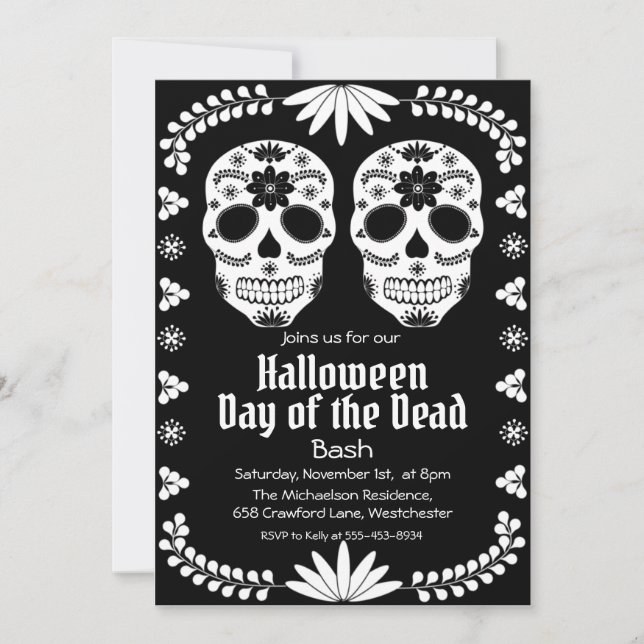 Mexican Sugar Skull Black And White Party Invitation (Front)