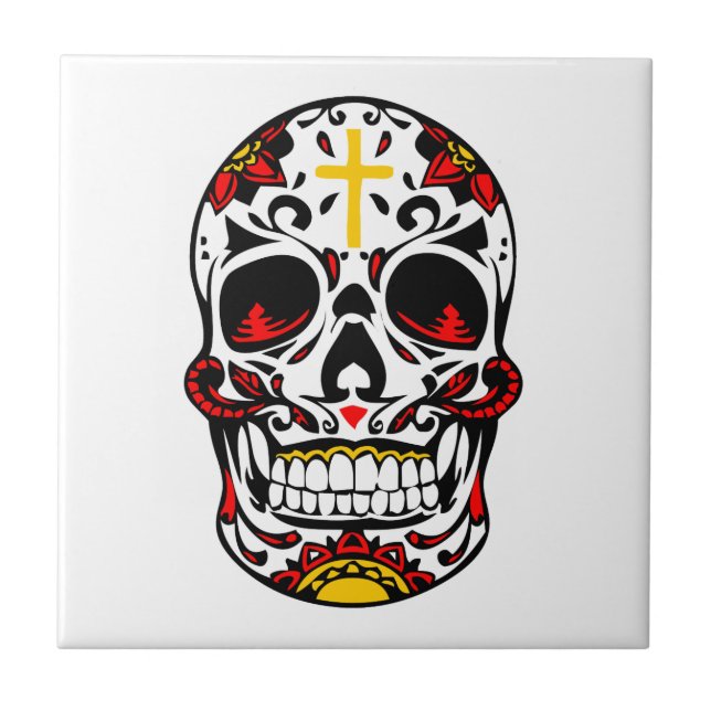 Mexican Sugar Skull Christian Cross On Forehead Tile (Front)