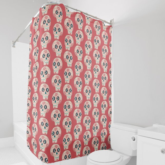 Mexican Sugar Skull Day of the Dead Orange Shower Curtain (Coral orange peach Mexican Day of the Dead sugar skull pattern shower curtain)