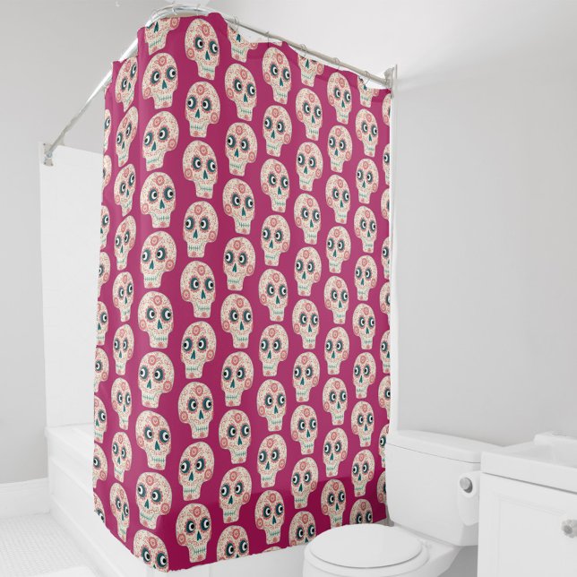 Mexican Sugar Skull Day of the Dead PInk Shower Curtain (Magenta pink Mexican sugar skull Day of the Dead pattern shower curtain)
