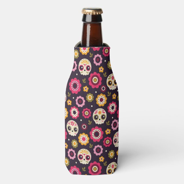 Mexican Sugar Skull Floral Pattern Bottle Cooler (Bottle Front)