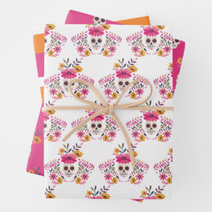 Mexican Sugar Skull Pink Floral Cinco De Mayo Wrapping Paper Sheet