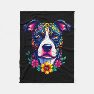Mexican Sugar Skull Pitbull Dog Dia De Muertos Fleece Blanket